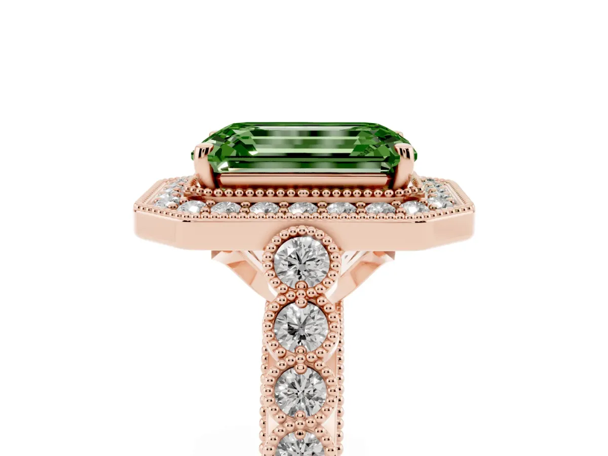 Fancy Green Emerald Cut Halo Milgrain Solitaire with Bezel Set Side Stones and Pave Band Rose gold
