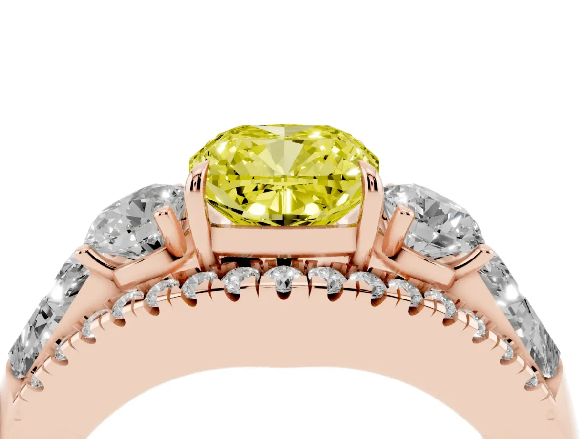 Fancy Yellow Three-Stone Cushion Cut Diamond Engagement Ring with Pave Band and Prong Setting Rose gold