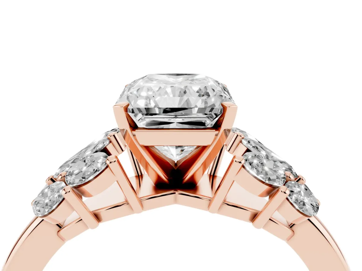 Radiant Cut Diamond Cluster Leaf Design Ring with Prong Setting Rose gold