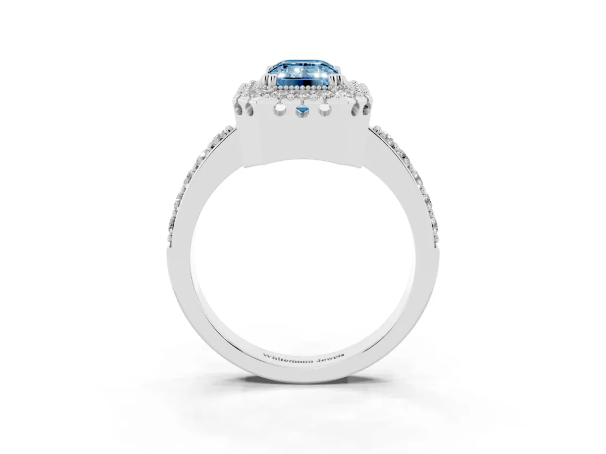 Fancy Blue Emerald Cut Diamond Halo Ring with Pavé Band and Prong Setting Silver