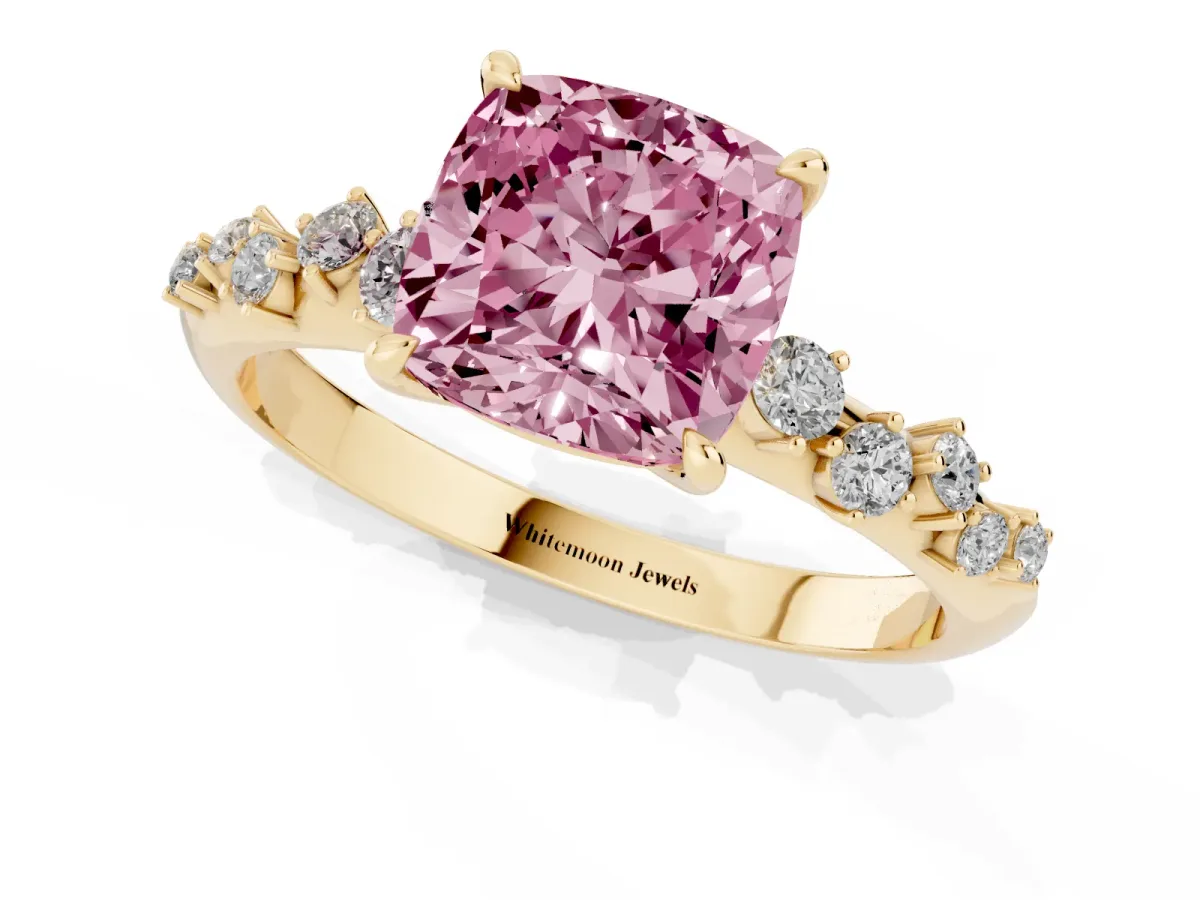 Fancy Pink Cushion Cut Diamond Cluster Side Stone Solitaire Ring with Prong Setting Yellow gold
