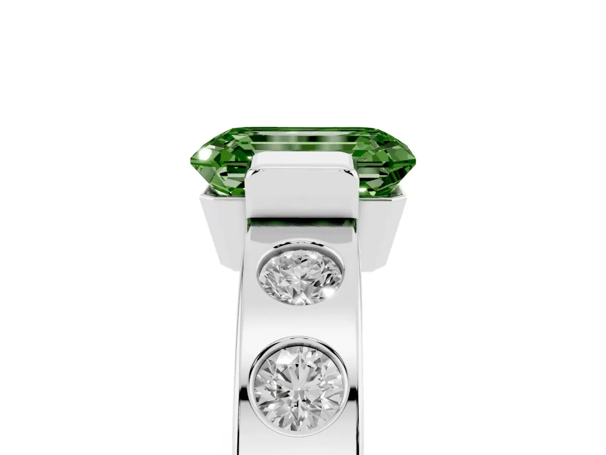 Fancy Green Emerald Cut Brilliant Channel-Set Diamond Ring with Bezel Prong Setting Platinum