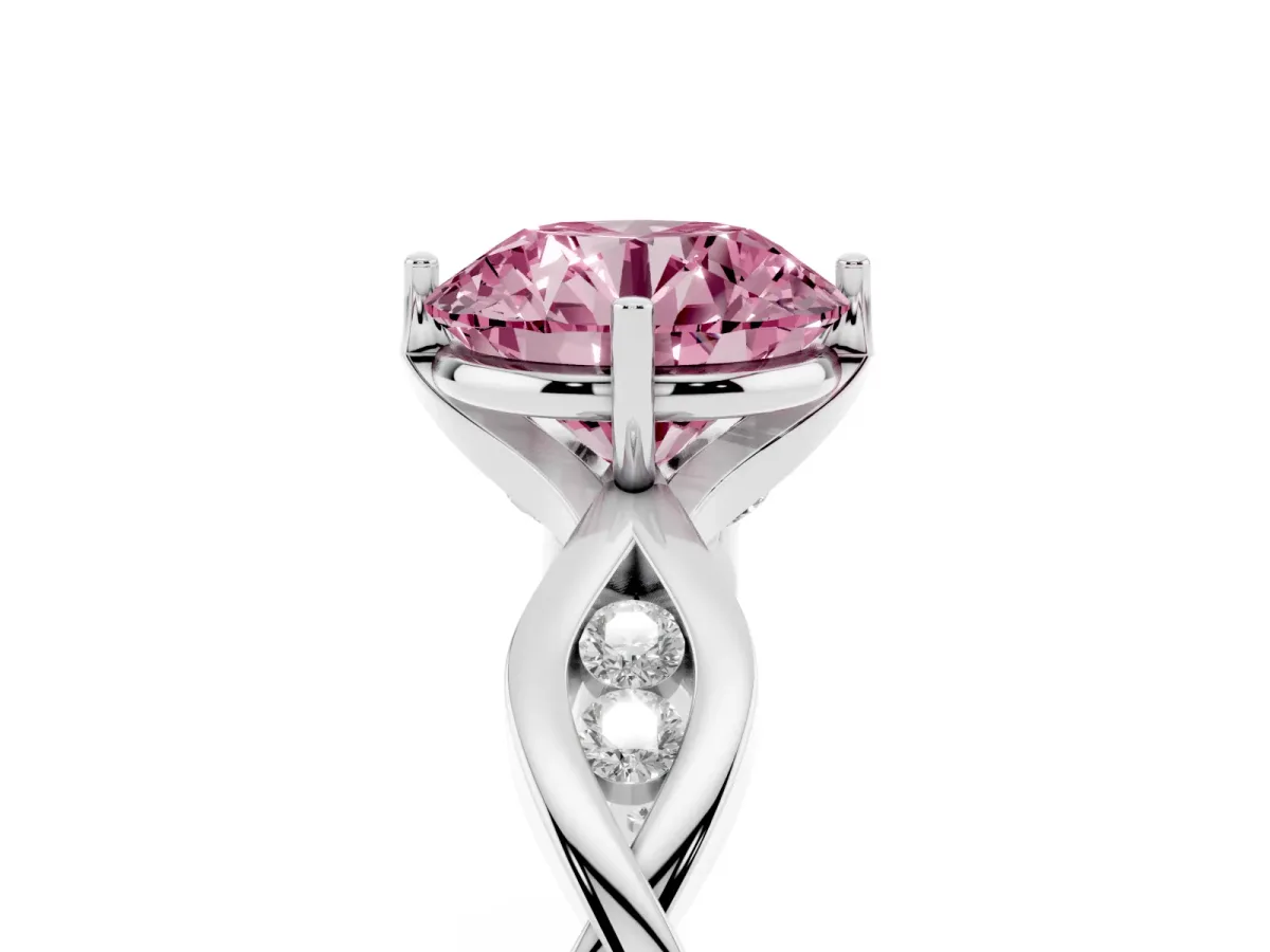 Fancy Pink Round Cut Solitaire Twist Band with Leaf Prong Setting White gold