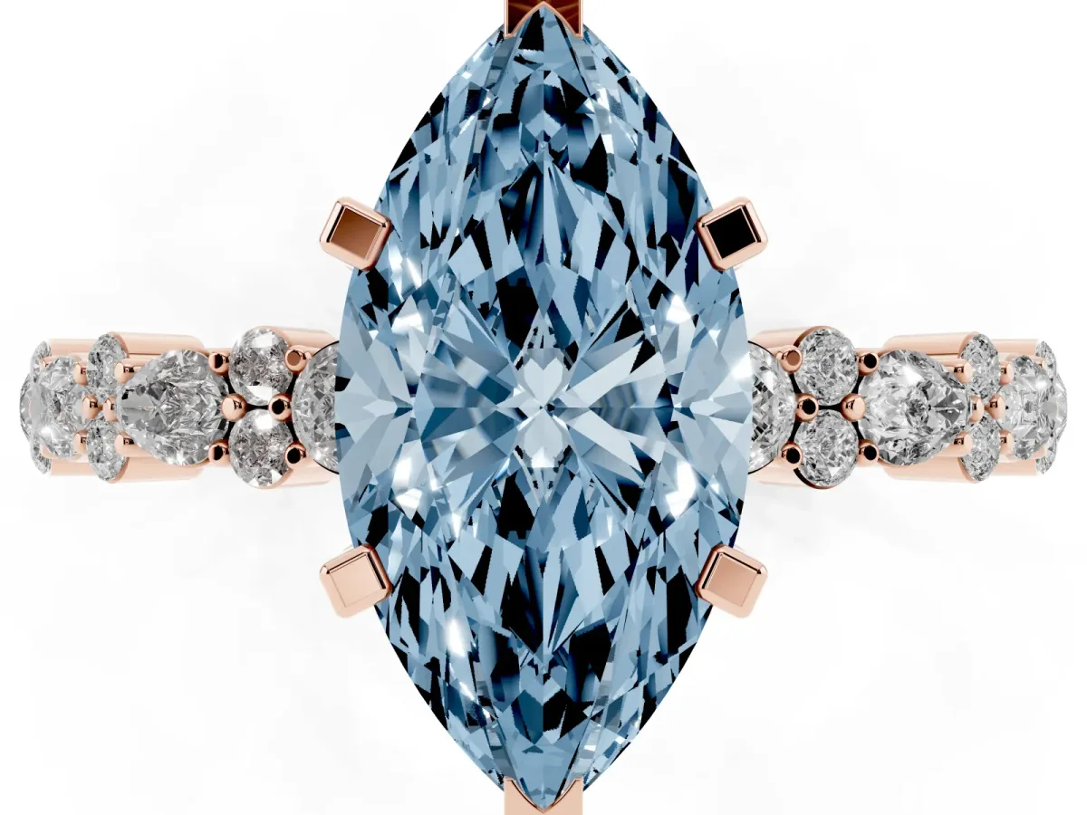 Fancy Blue Marquise Cut Diamond Side Stone Solitaire Ring with Round and Four-Prong Setting Rose gold