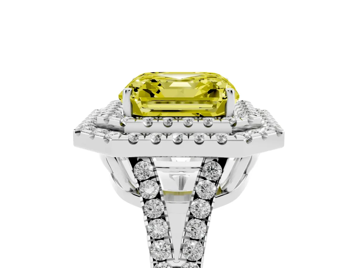 Fancy Yellow Asscher Cut Diamond Double Halo Ring with Pavé Band and Prong Setting Platinum