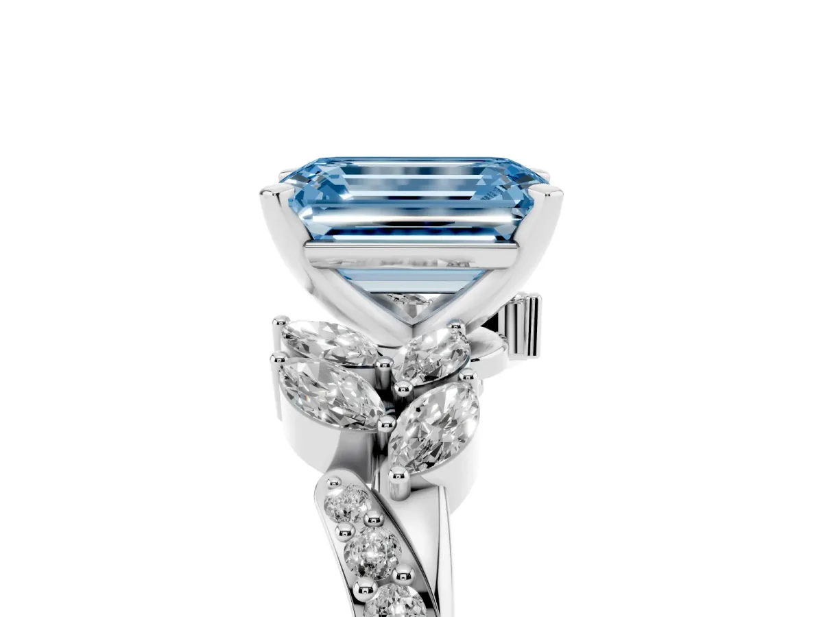Fancy Blue Emerald Cut Solitaire Marquise Twist Band with Six-Prong Setting Silver