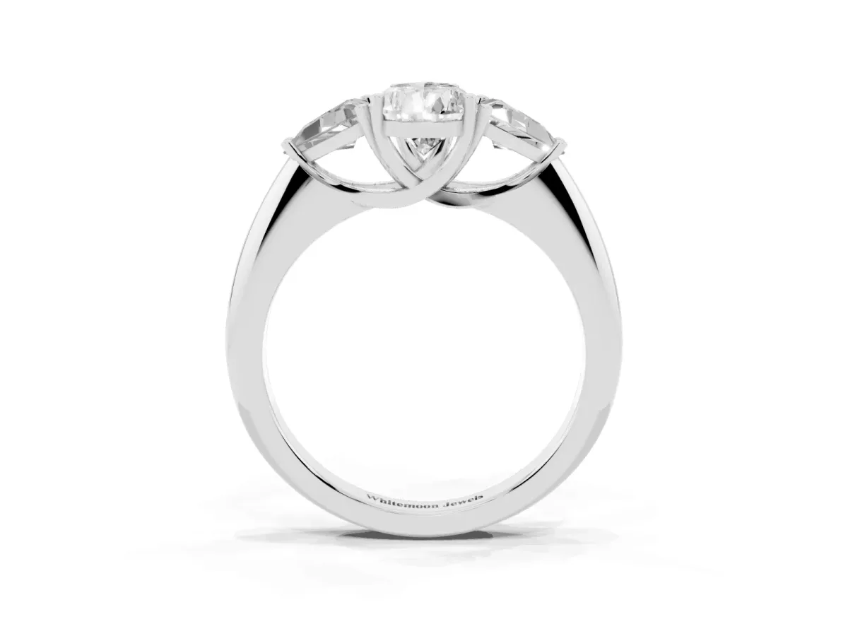 Three-Stone Pear Cut Diamond Engagement Ring with Trillion Side Stones and Prong Setting Silver