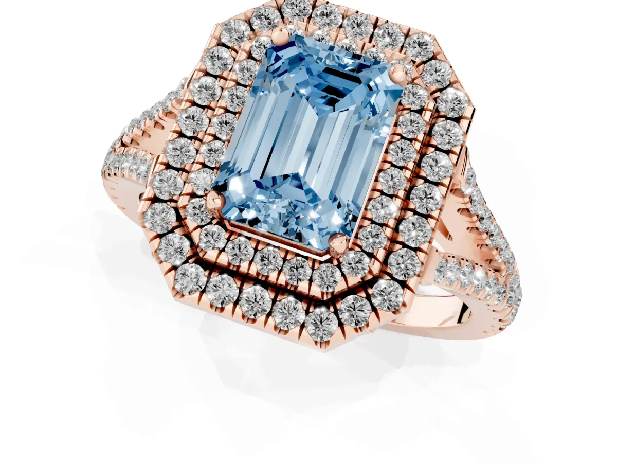 Fancy Blue Emerald Cut Diamond Double Halo Ring with Pavé Band and Prong Setting Rose gold
