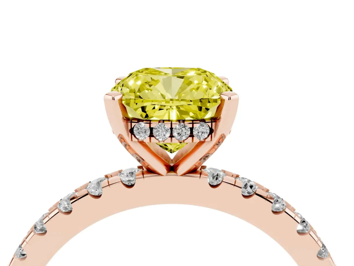 Fancy Yellow Cushion Cut Diamond Solitaire Ring with Round Pavé Band and Four-Prong Setting Rose gold