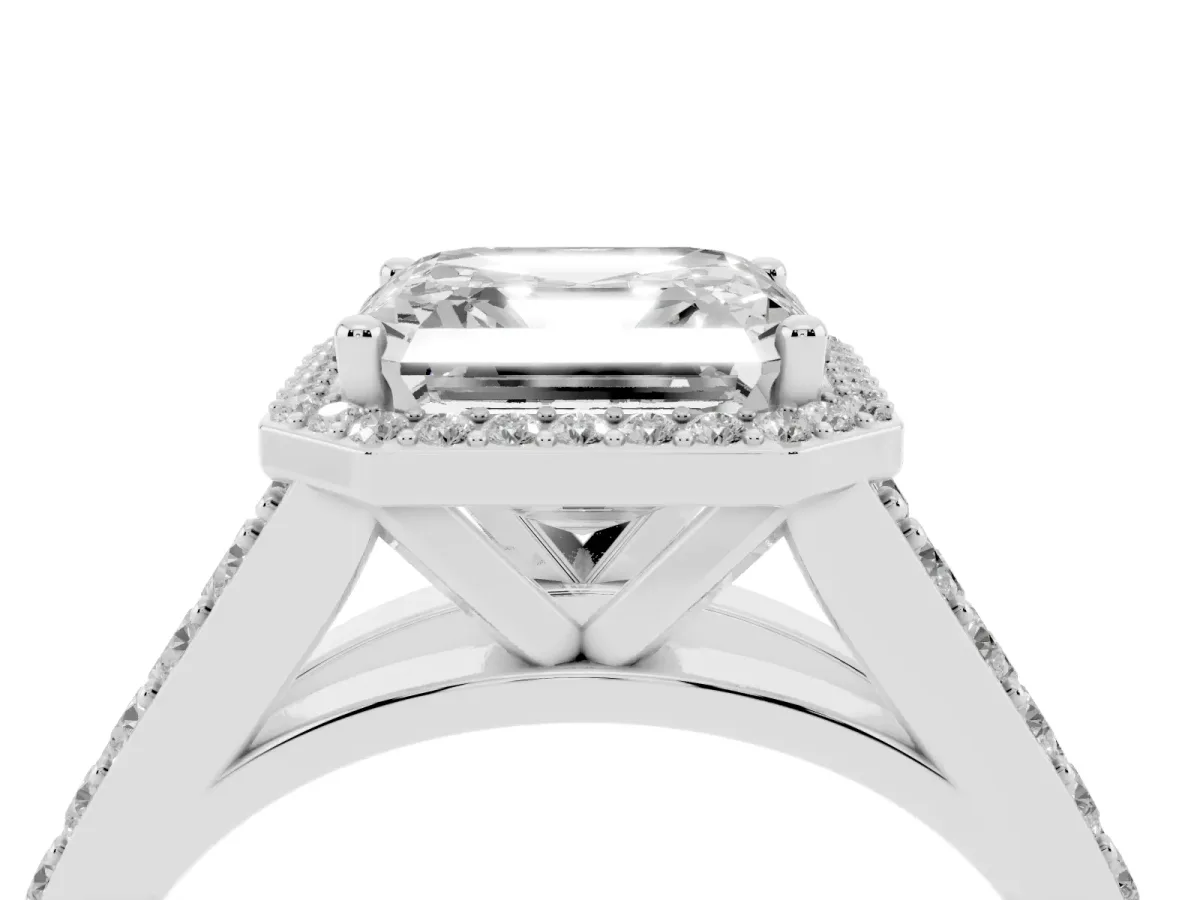 Asscher Cut Diamond Split Shank Halo Ring with Four-Prong Setting Silver