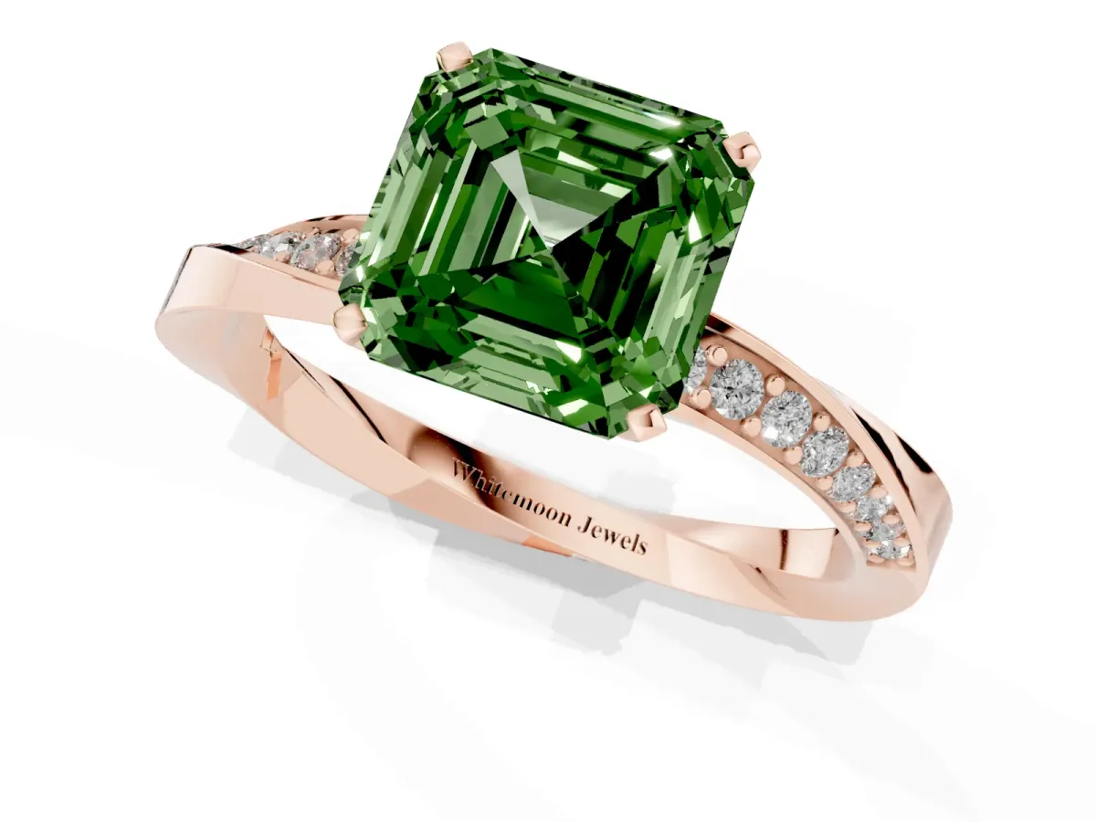 Fancy Green Asscher Cut Diamond Engagement Ring with Side Stone Accents and Four-Prong Setting Rose gold