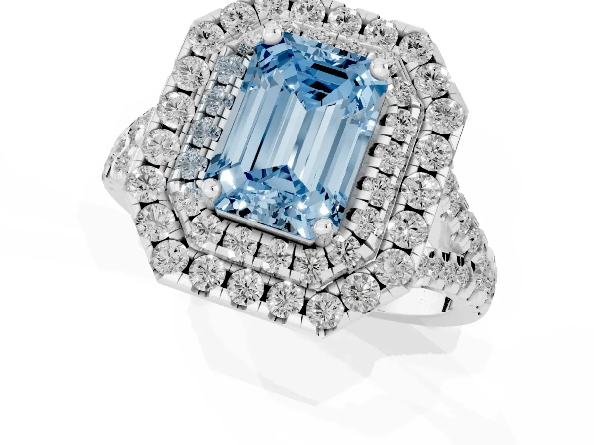 Fancy Blue Double Halo Emerald Cut Diamond Pavé Split Shank Ring with Prong Setting Platinum