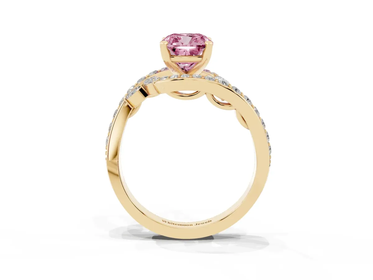 Fancy Pink Cushion Cut Solitaire with Pavé Twist Band and Four-Prong Setting Yellow gold