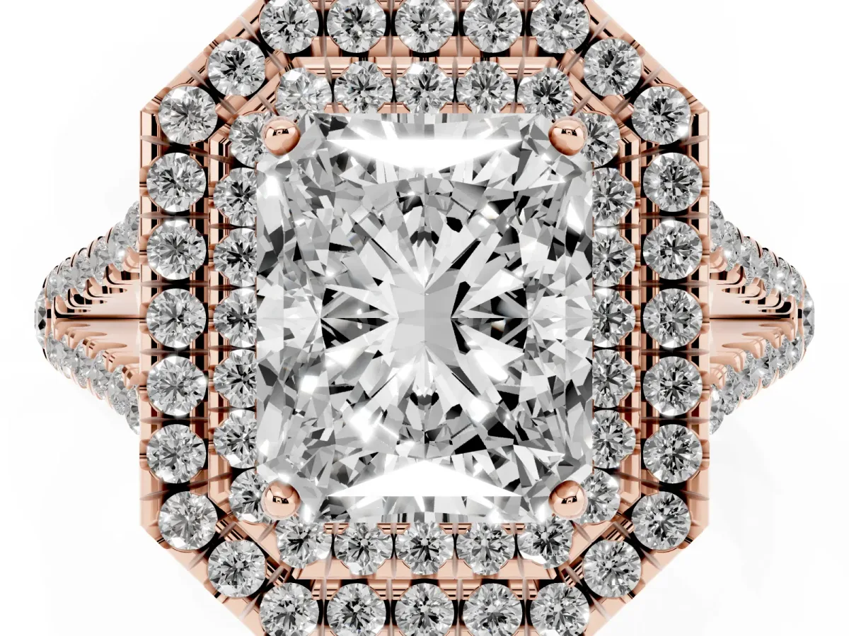 Radiant Cut Diamond Double Halo Ring with Pavé Band and Prong Setting Rose gold