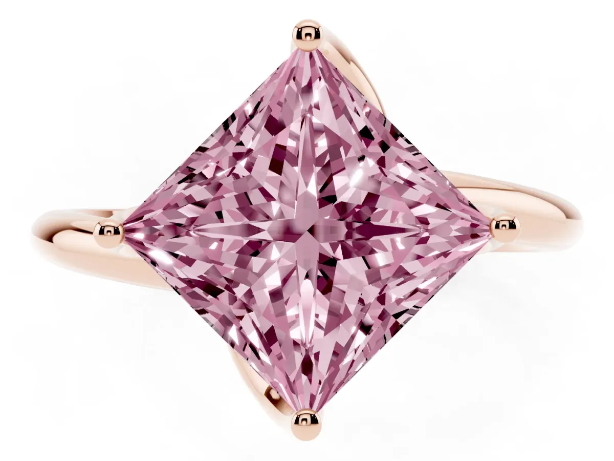 Fancy Pink Princess Cut Diamond Solitaire Engagement Ring with Four-Prong Setting and Classic Band Rose gold