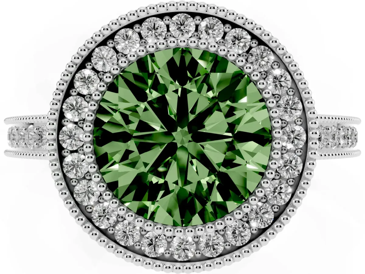 Fancy Green Round Cut Cut Halo Diamond Ring with Pavé Band and Milgrain Prong Setting White gold