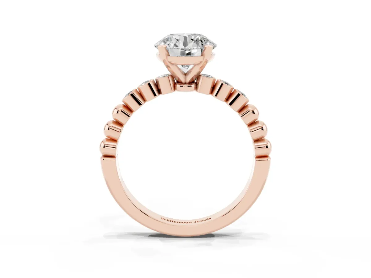 Round Cut Solitaire Bezel Accent Diamond Engagement Ring with Beaded Band and Four-Prong Setting Rose gold