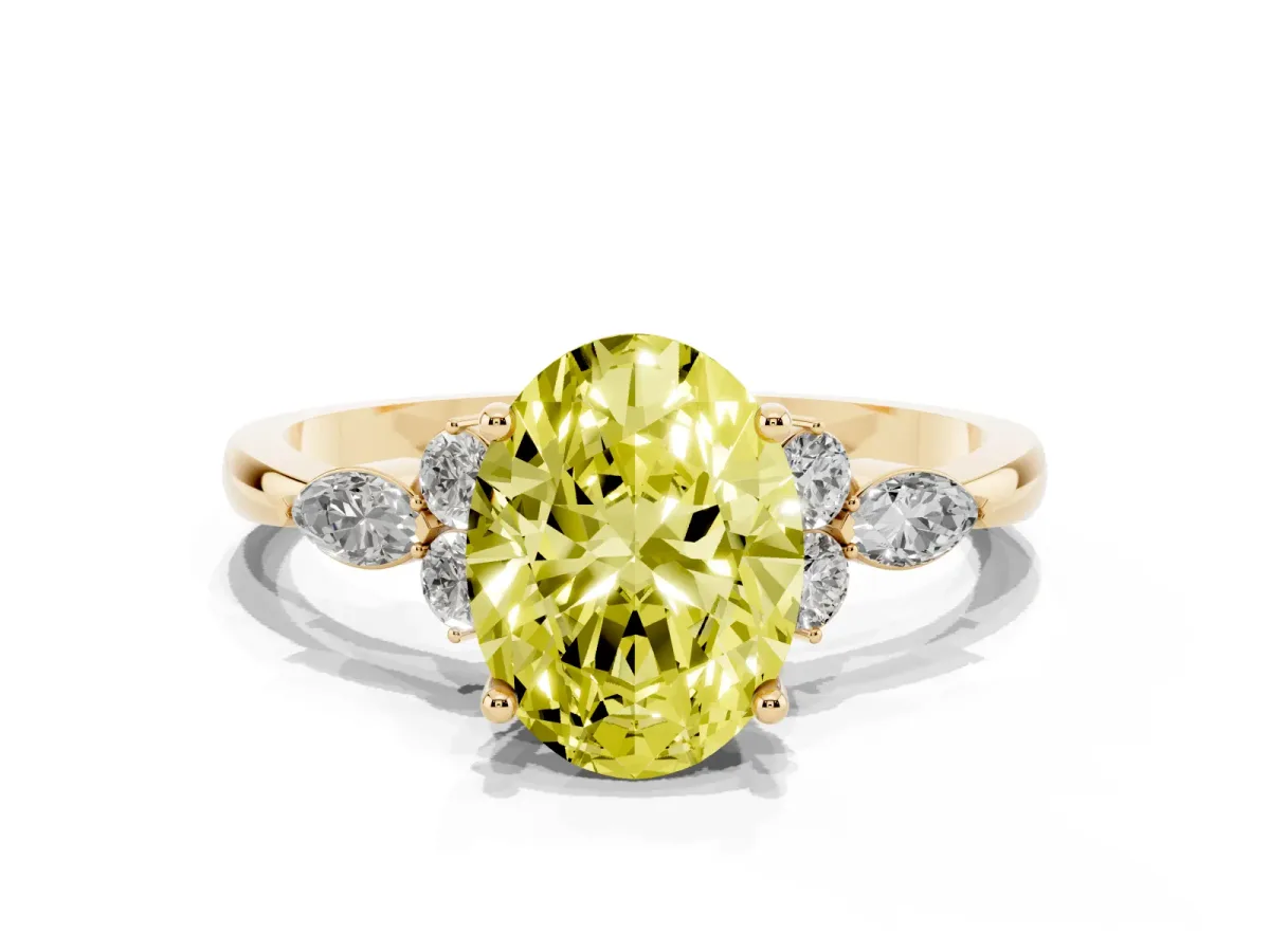 Fancy Yellow Oval Cut Brilliant Diamond Solitaire Ring with Pear Side Stones and Four-Prong Setting Yellow gold
