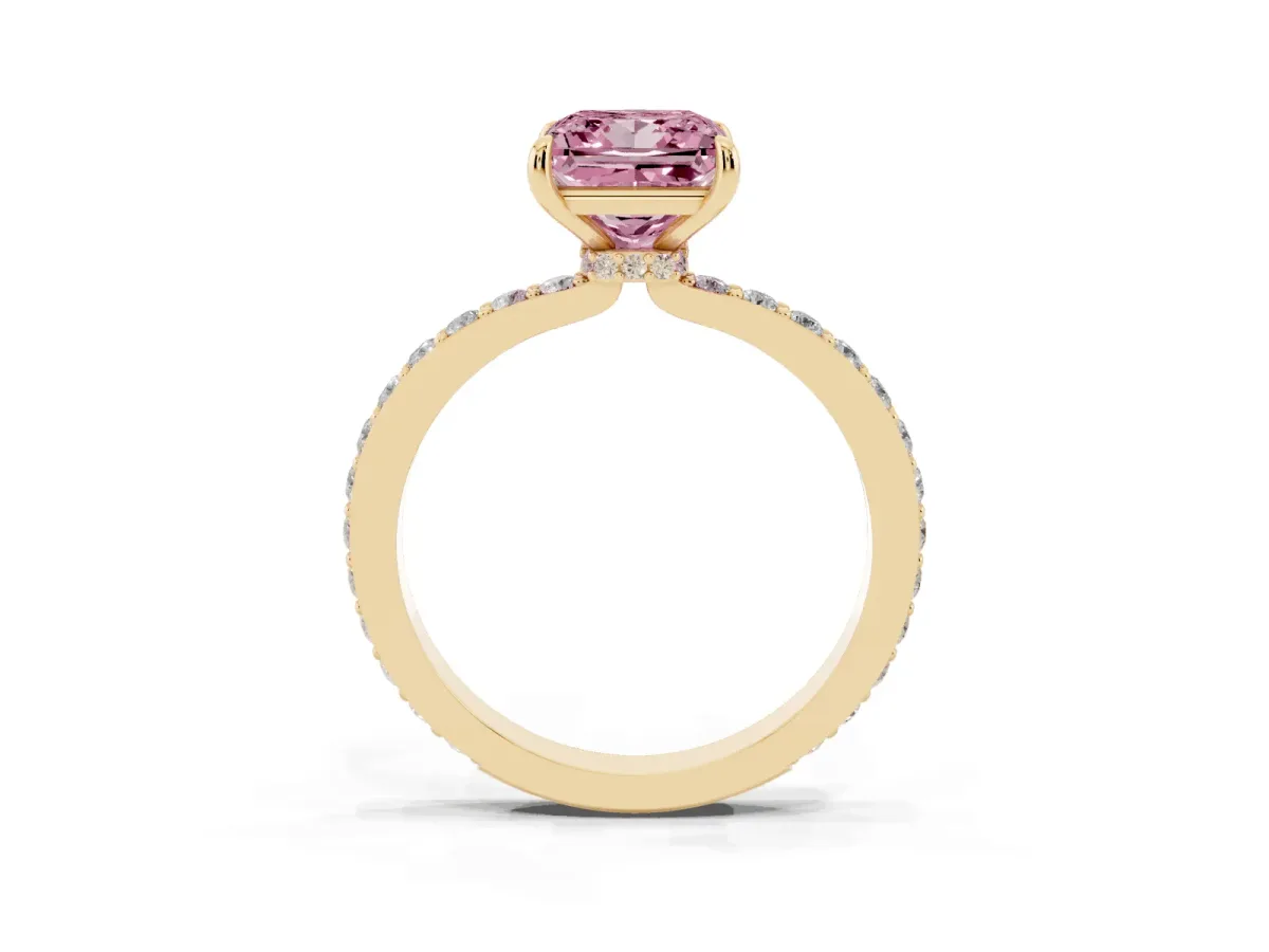 Fancy Pink Princess Cut Diamond Solitaire Engagement Ring with Pavé Band and Four-Prong Setting Yellow gold
