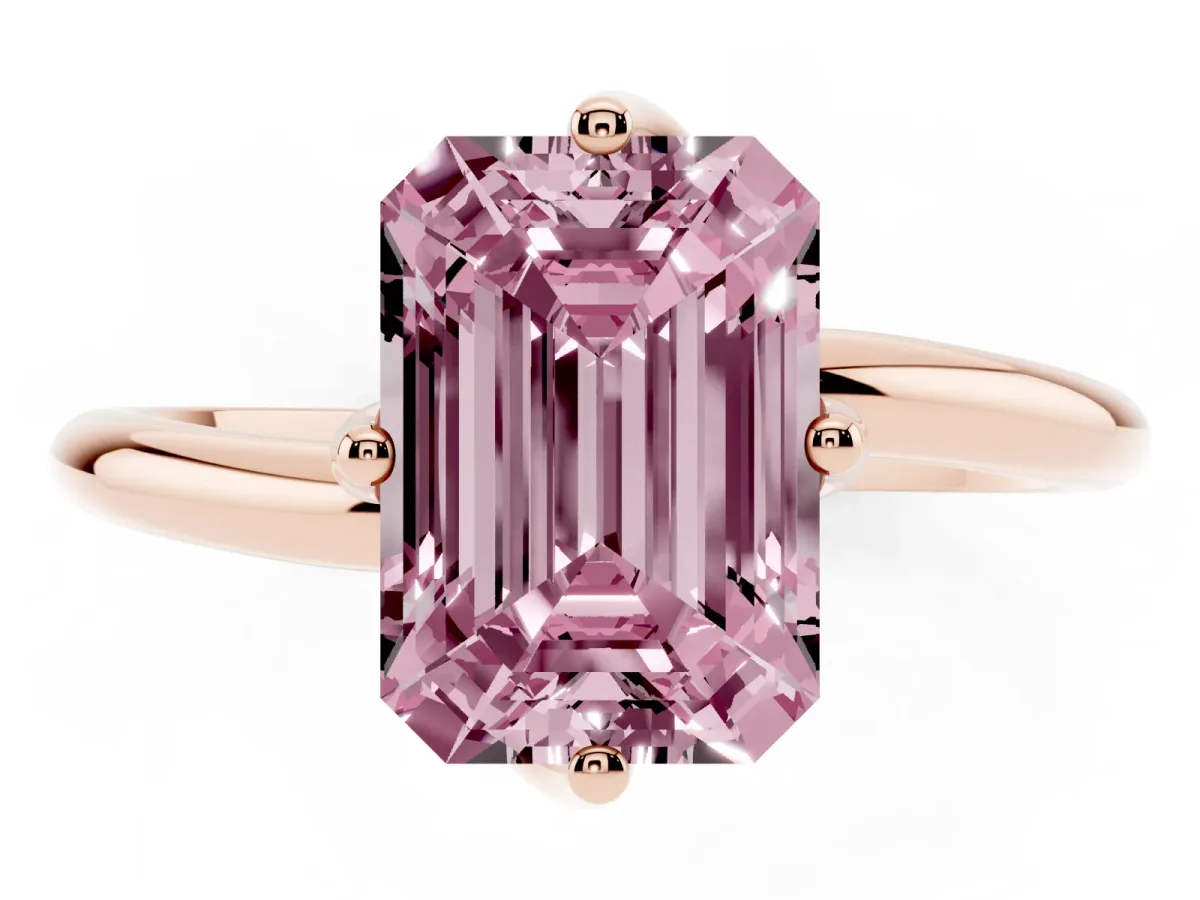 Fancy Pink Emerald Cut Diamond Solitaire Engagement Ring with Four-Prong Setting and Classic Band Rose gold