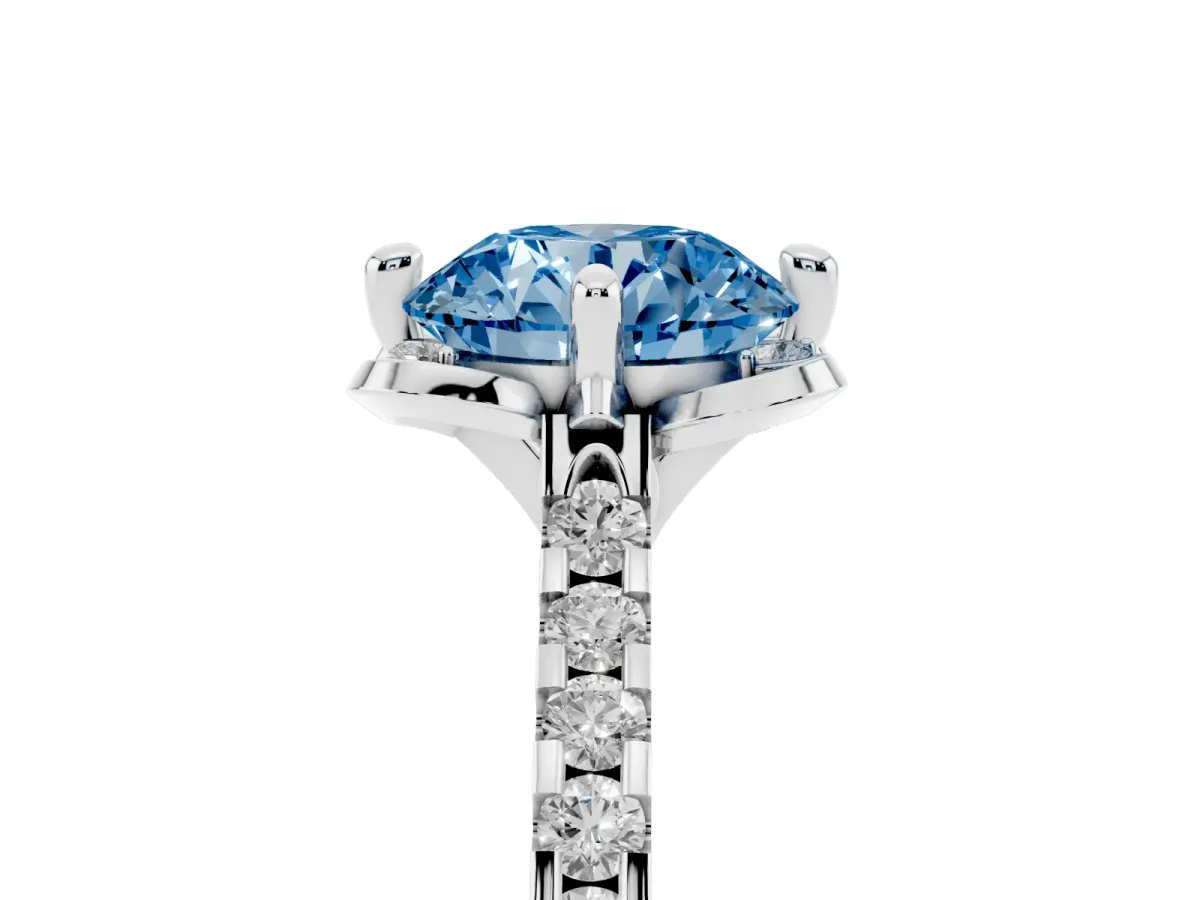 Fancy Blue Round Cut Diamond Ring with Pavé Band and Floral Prong Setting Silver