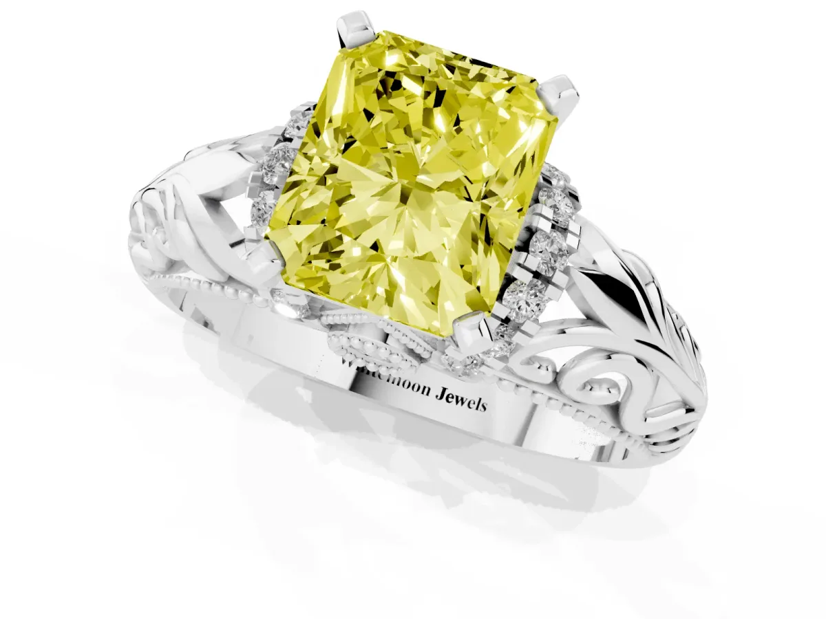 Fancy Yellow Radiant Cut Solitaire Filigree Engagement Ring with Halo and Prong Setting Platinum