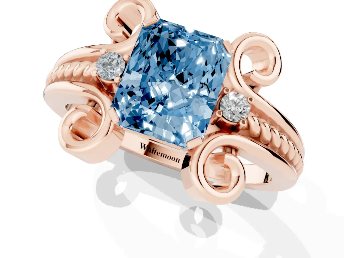 Fancy Blue Radiant Cut Solitaire Twisted Band Scroll Prong Ring Rose gold