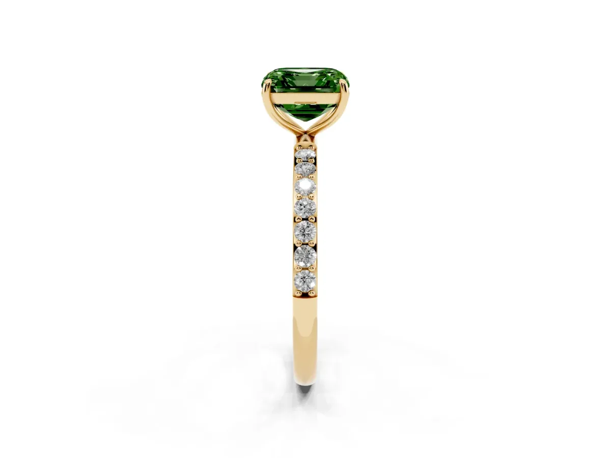 Fancy Green Asscher Cut Diamond Solitaire Ring with Round Pavé Shoulders and Prong Setting Yellow gold