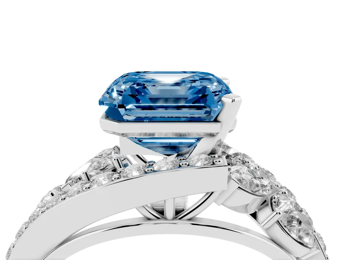 Fancy Blue Asscher Cut Diamond Halo Ring with Marquise and Pavé Band in Prong Setting White gold