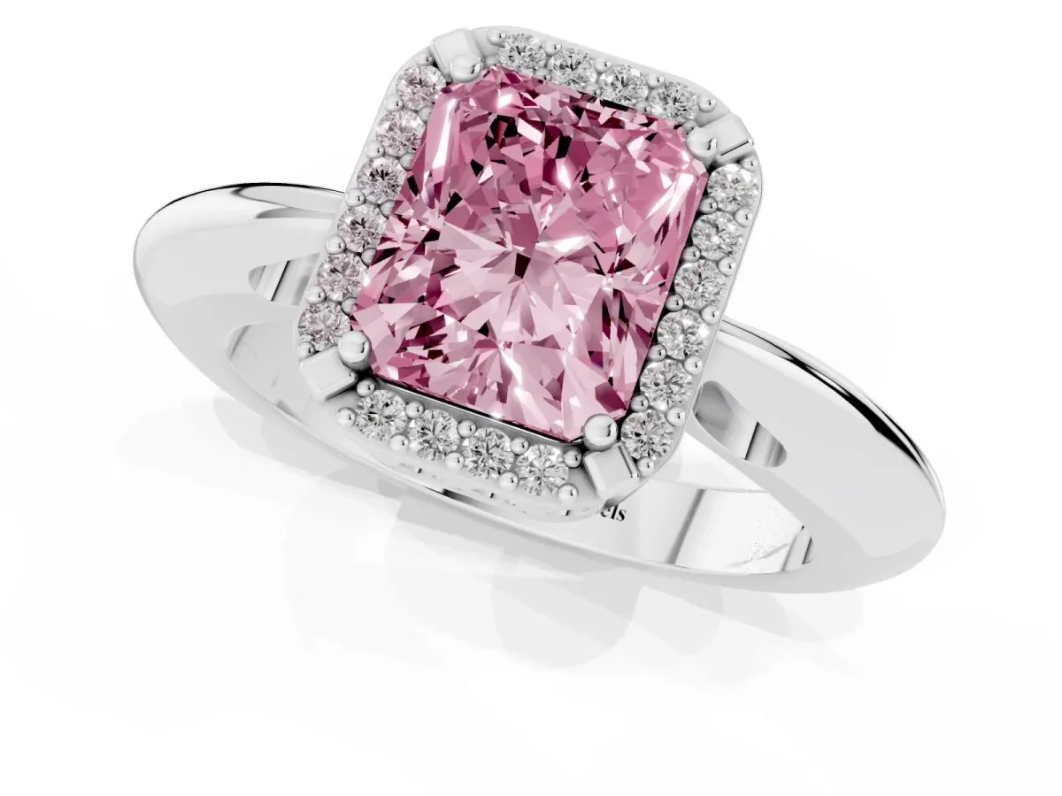 Fancy Pink Radiant Cut Cut Diamond Halo Engagement Ring with Split Shank and Four-Prong Setting Silver