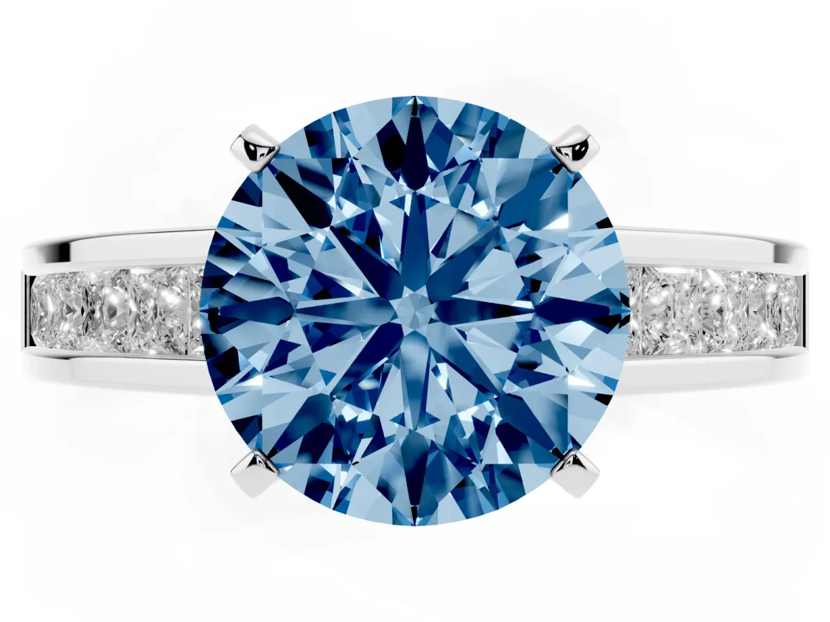 Fancy Blue Round Cut Solitaire Diamond Ring with Channel-Set Band and Four-Prong Setting Platinum