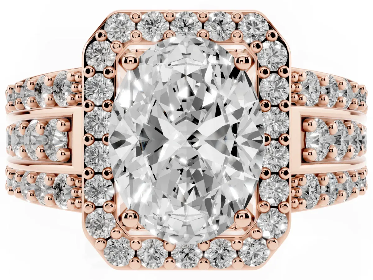 Oval Cut Halo Diamond Ring with Round Split Shank and Prong Setting Rose gold