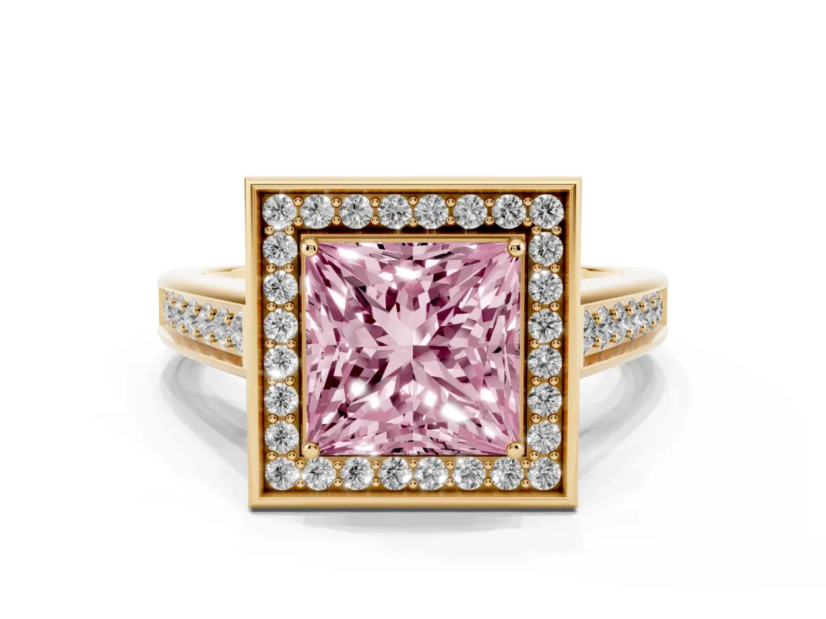 Fancy Pink Princess Cut Halo Solitaire Diamond Ring with Pave Band and Bezel Setting Yellow gold