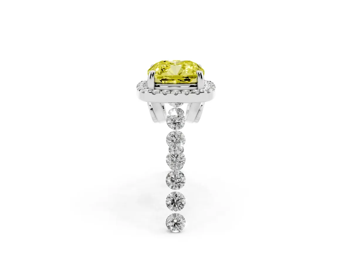 Fancy Yellow Cushion Cut Halo Pavé Diamond Engagement Ring with Four-Prong Setting White gold