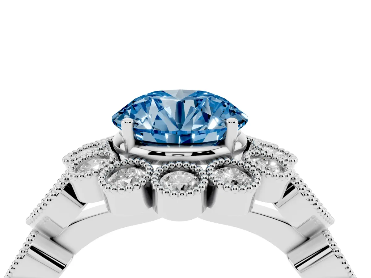 Fancy Blue Round Cut Brilliant Milgrain Pave Heart Band Solitaire Ring Silver