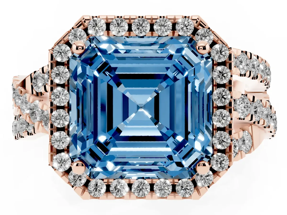 Fancy Blue Asscher Cut Diamond Halo Ring with Round Split Shank and Prong Setting Rose gold