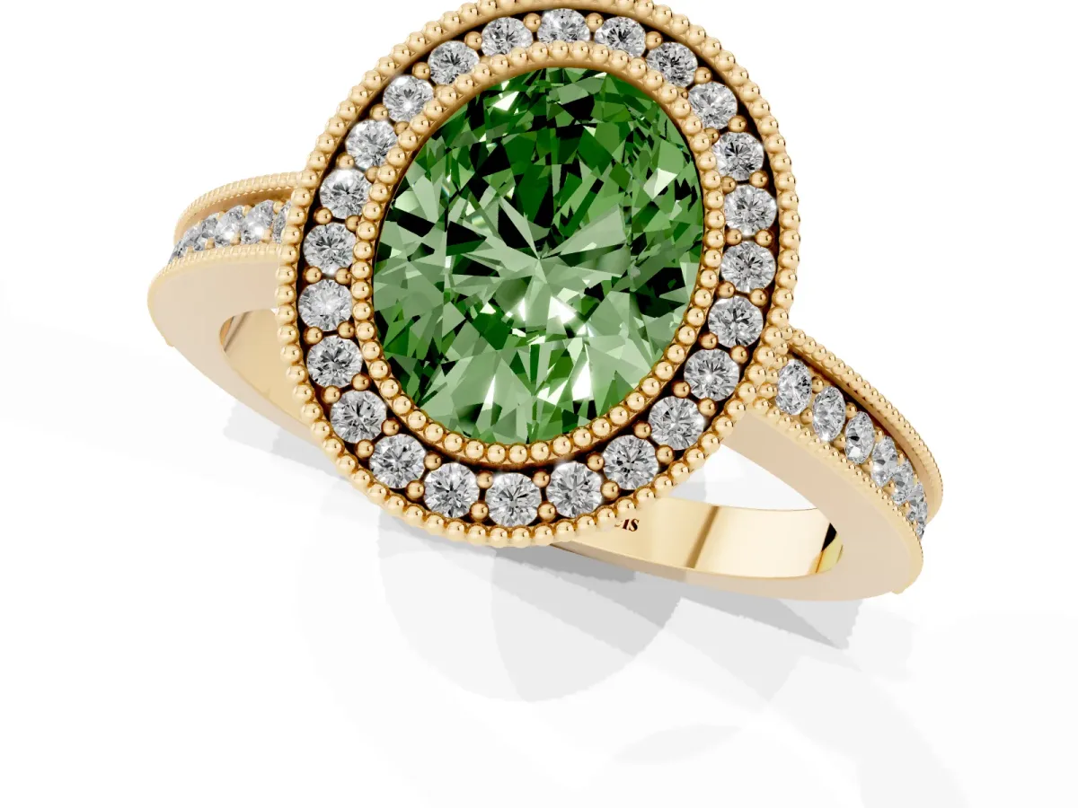 Fancy Green Oval Cut Cut Halo Diamond Ring with Pavé Band and Milgrain Prong Setting Yellow gold