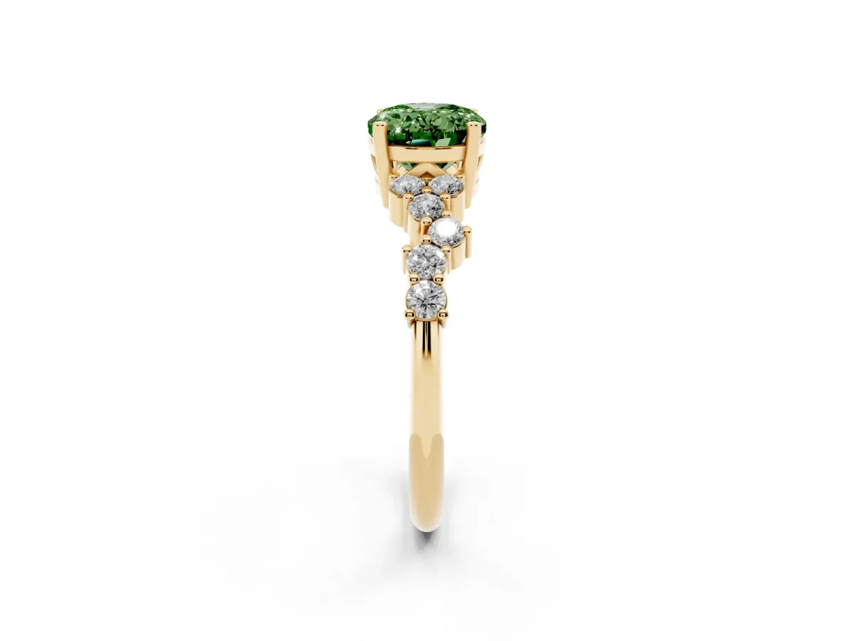 Fancy Green Oval Cut Diamond Scattered Round Accent Ring with Prong Setting Yellow gold