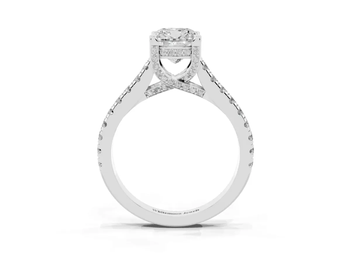 Cushion Cut Brilliant Diamond Solitaire with Pavé Band and Four-Prong Setting Silver
