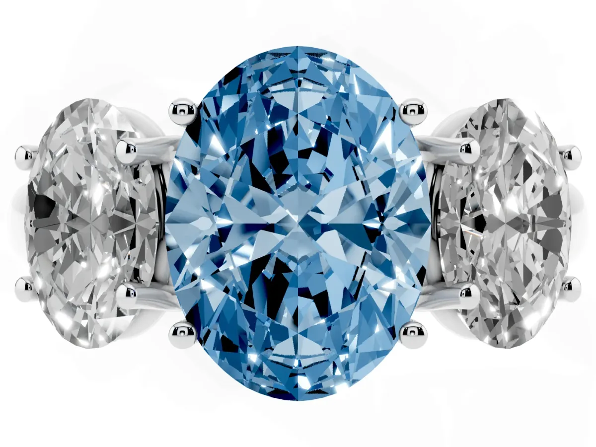 Fancy Blue Three-Stone Oval Cut Diamond Engagement Ring with Prong Setting Silver