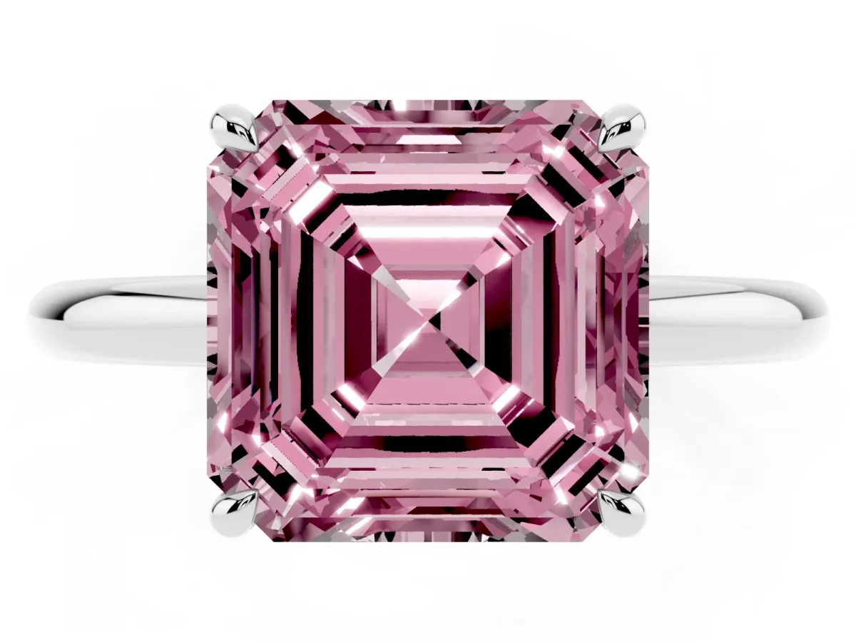 Fancy Pink Asscher Cut Diamond Solitaire Ring with Thin Band and Four-Prong Setting Silver