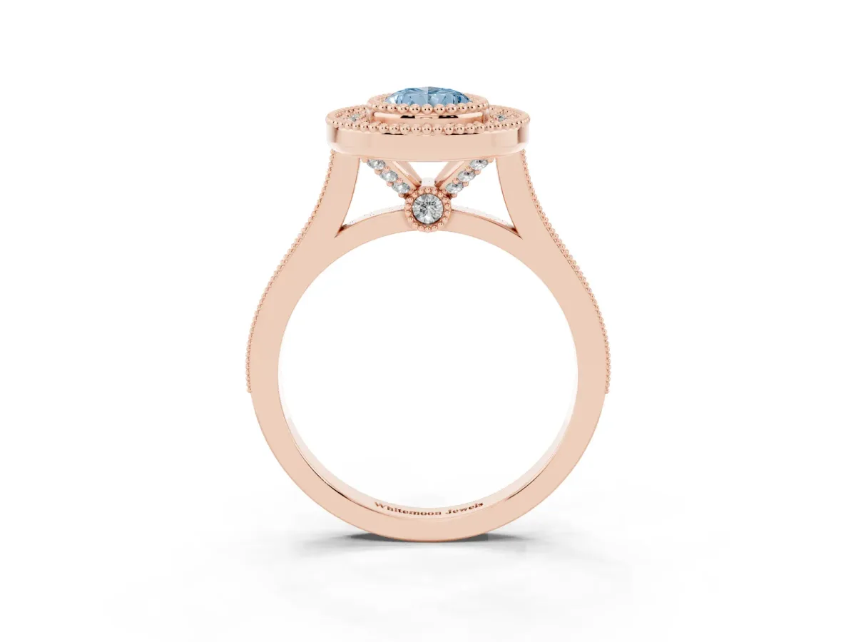 Fancy Blue Pear Cut Diamond Halo Ring with Milgrain Frame and Pavé Band Rose gold