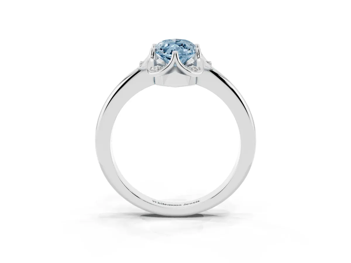 Fancy Blue Marquise Cut Halo Diamond Ring with Round Cluster Setting, Solitaire Band, and Four-Prong Setting Platinum