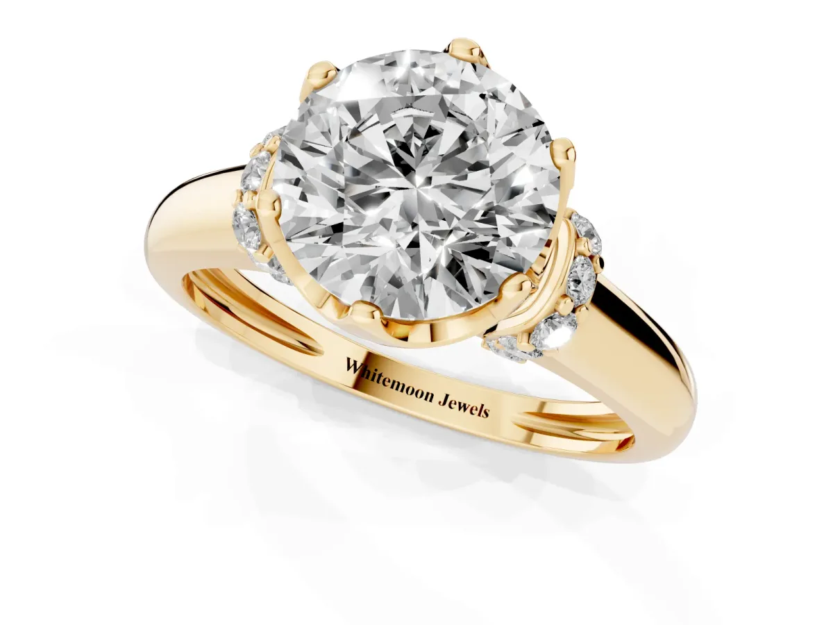 Round Cut Brilliant Solitaire Cathedral Engagement Ring with Pave Accents Yellow gold