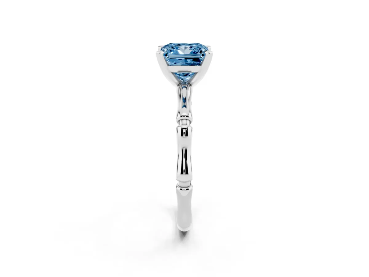 Fancy Blue Princess Cut Solitaire Diamond Ring with Bamboo Band and Four-Prong Setting Silver