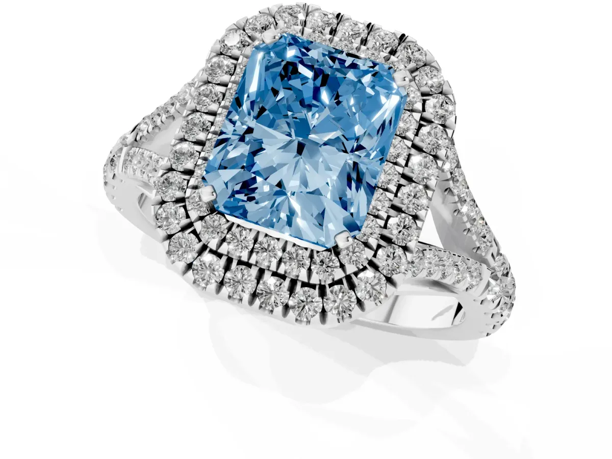 Fancy Blue Radiant Cut Diamond Double Halo Ring with Split Shank and Prong Setting Platinum