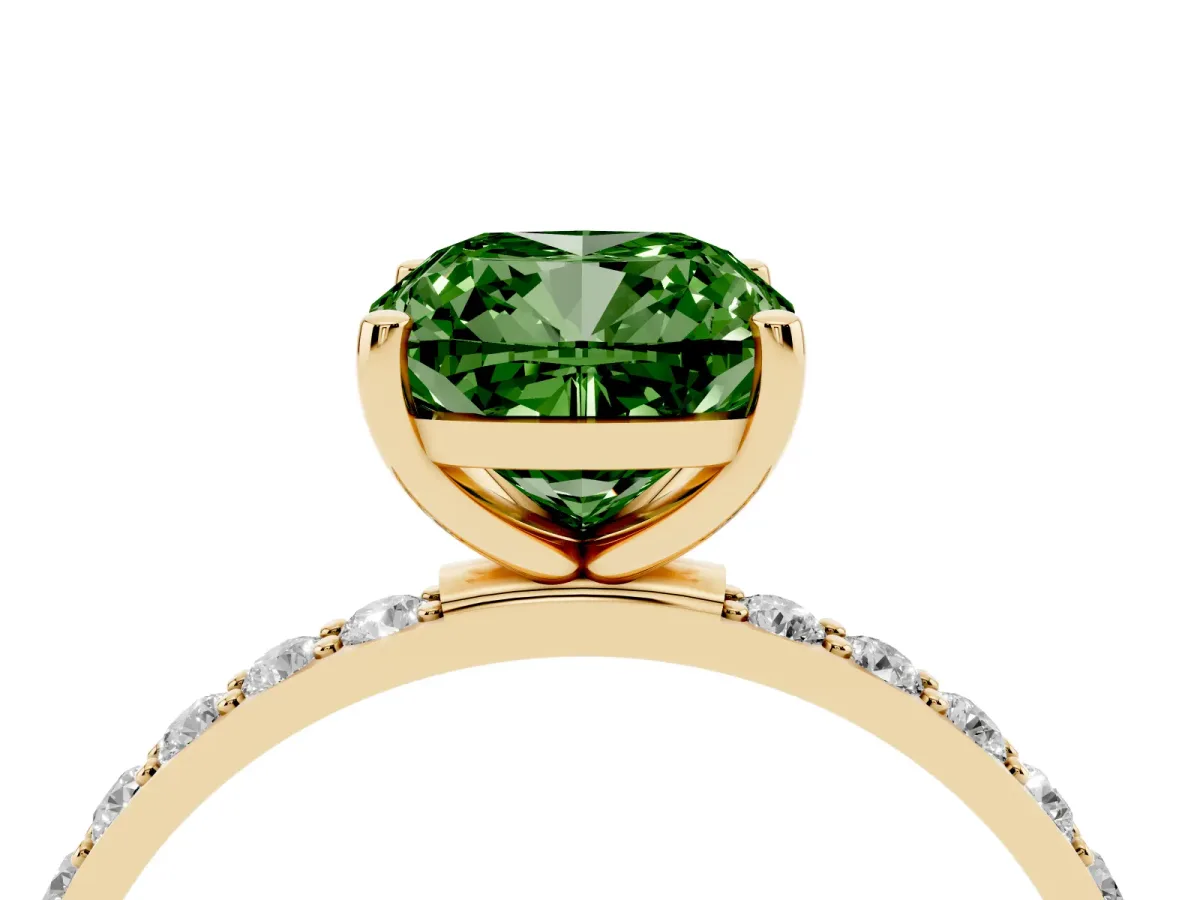 Fancy Green Cushion Cut Diamond Solitaire Ring with Round Pavé Shoulders and Prong Setting Yellow gold