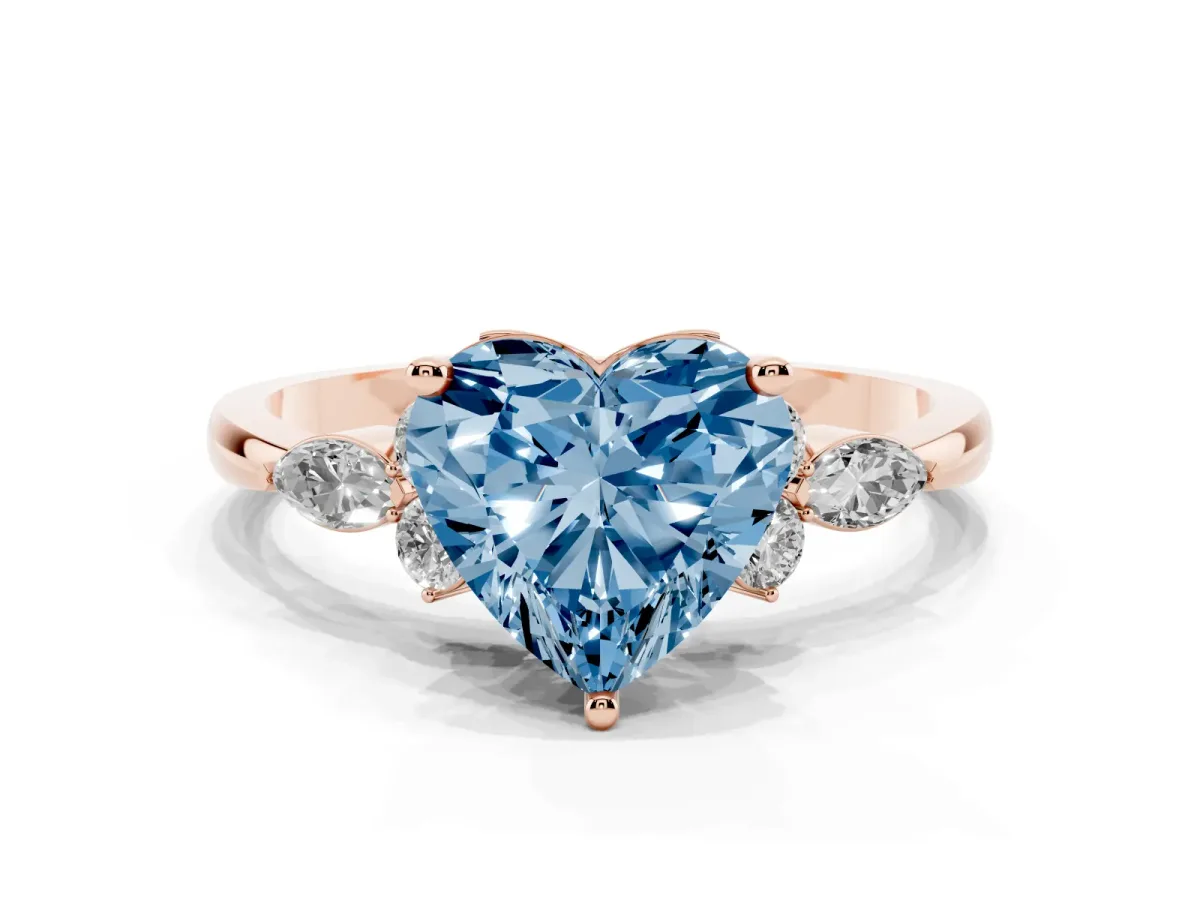 Fancy Blue Heart Cut Brilliant Diamond Solitaire Ring with Pear Side Stones and Four-Prong Setting Rose gold