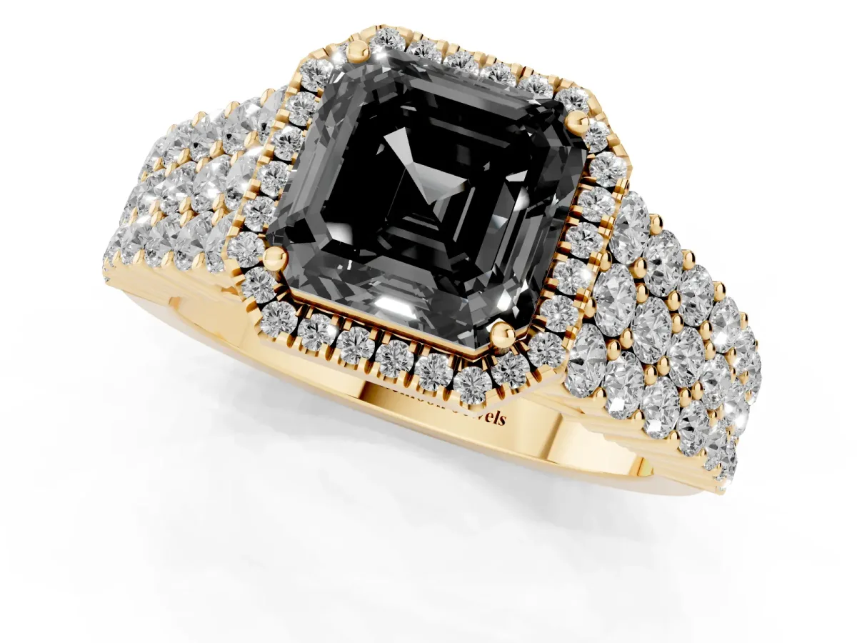 Fancy Black Asscher Cut Diamond Halo Engagement Ring with Triple Row Round Pavé Band and Prong Setting Yellow gold