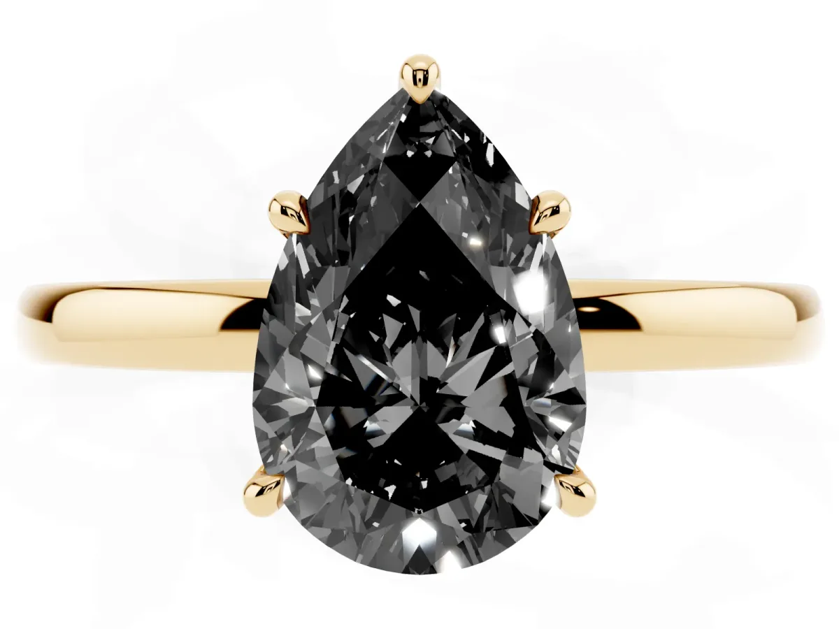 Fancy Black Pear Cut Solitaire Engagement Ring with Cathedral Band and Four-Prong Setting Yellow gold